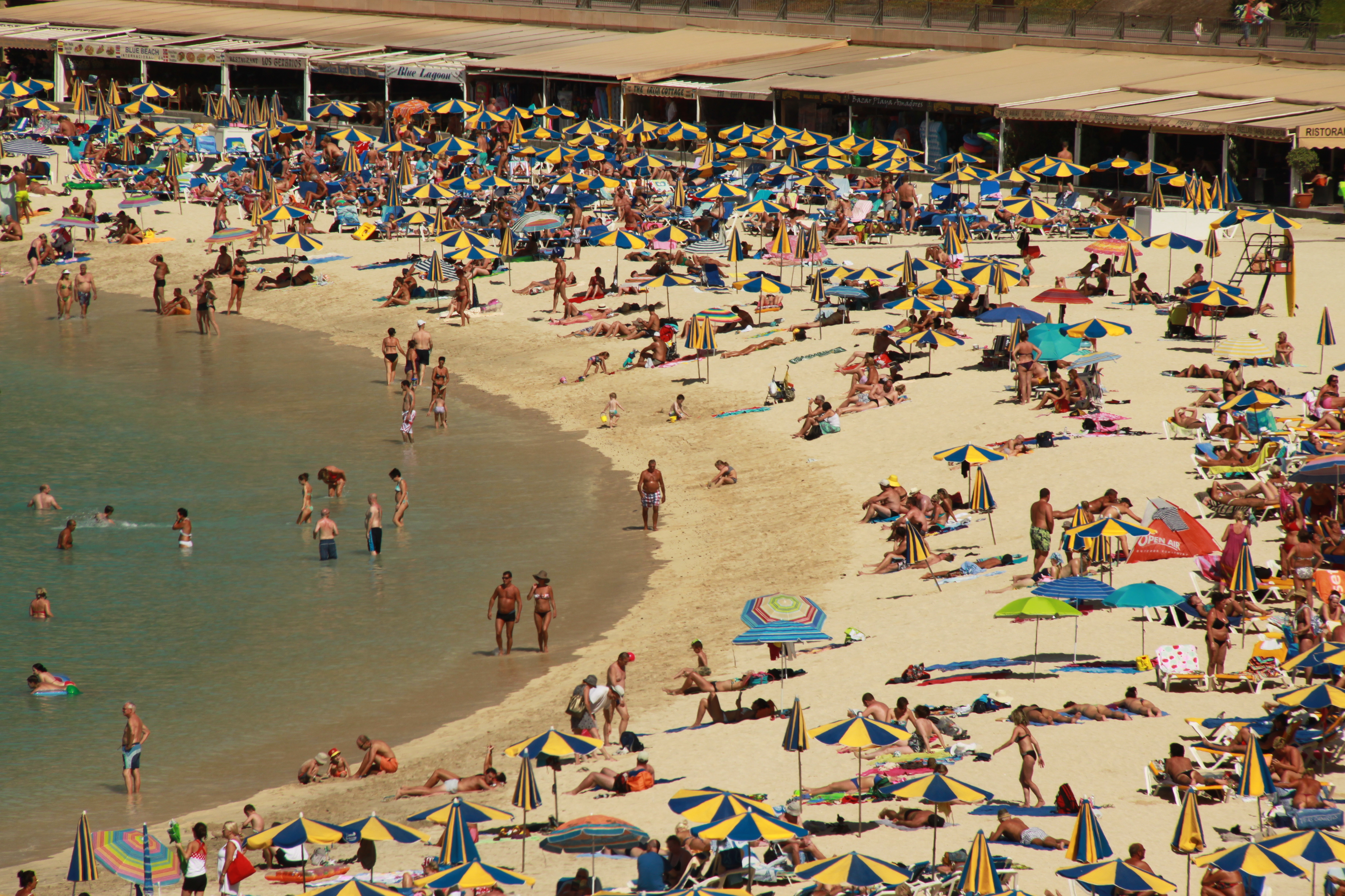Crowded sunny beach with blue and yellow umbrellas, sunbathers, and swimmers along a bay